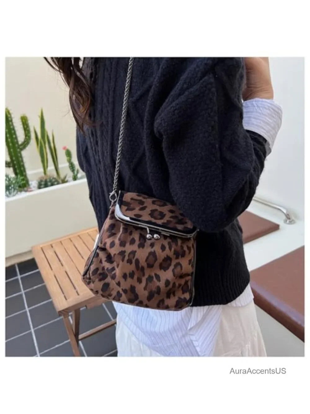 Leopard Print Faux Suede Satchel Crossbody Bag with Kiss Lock and Chain